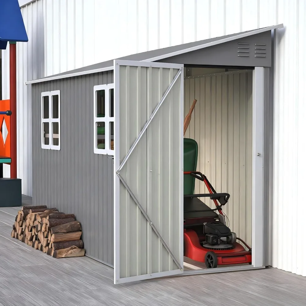 

4 X 10 Ft Metal Outdoor Storage Shed with Windows and A Foundation, Featuring A Lockable Door and Ventilation Openings.