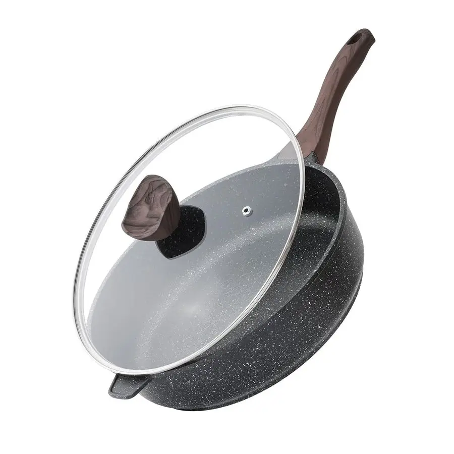 

Антипригарная глубокая сковорода с крышкой, большая сковорода 12 дюймов, антипригарная сковорода-сотейник 5 кварт для приготовления пищи, здоровая индукционная посуда, без PFOA