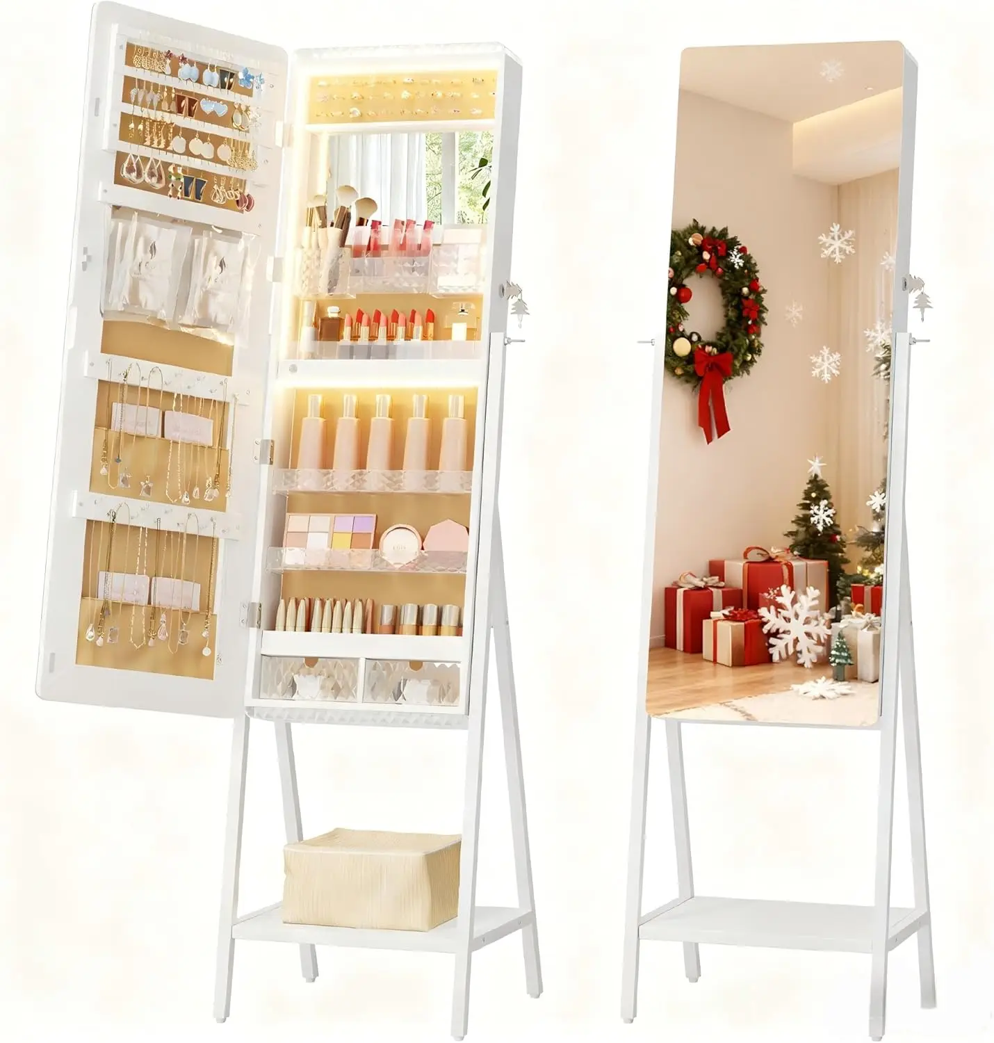 

LED Standing Jewelry Mirror with Storage, Lockable Floor Cabinet, 2 Drawers, Bottom Shelf, Lighted Makeup Mirror (White)