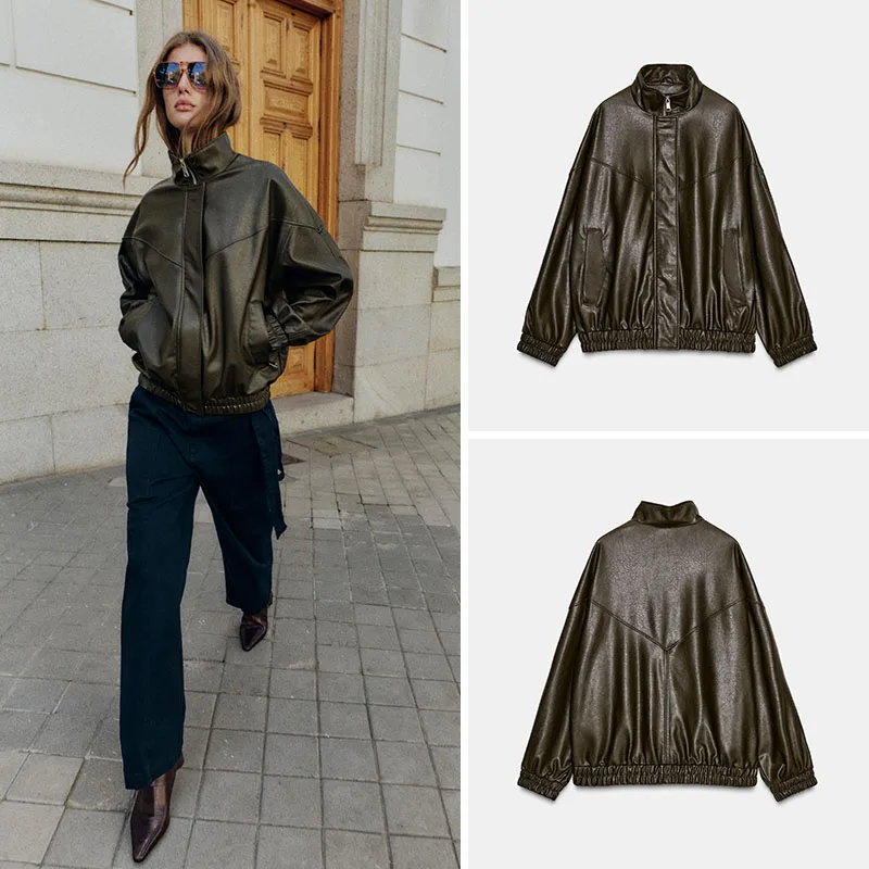 

Winter New Women's Long Sleeve Stand Collar Faux Leather Pilot Jacket Coat Casual Style Standard Fit Ladies Outerwear