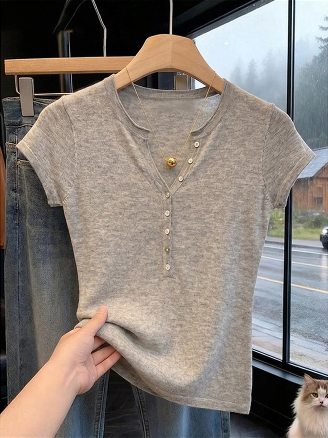 Korean Style Half Open Collar Short Sleeve Knitted Top Women Summer Thin Slim Fit Sweet And Spicy Girl Shirt Breathable Easy ...