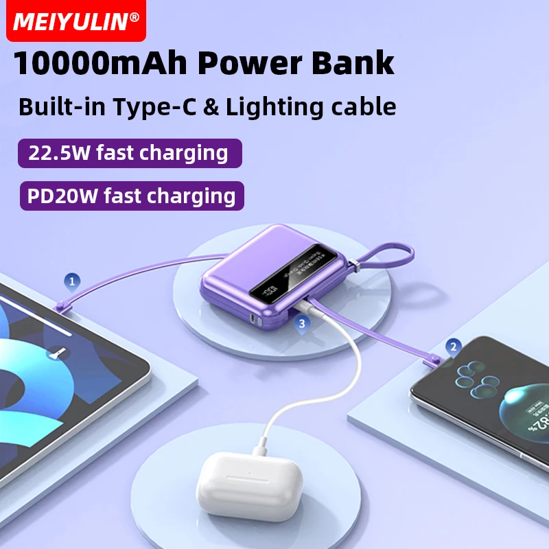 Large Capacity Power Bank 10000mAh Charger for iPhone 16 Xiaomi Samsung Portable USB C Cable Fast Charging External Battery Pack