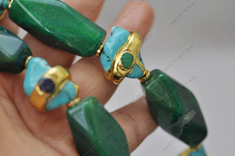 Z14577 21'' 39mm Green Faceted Pillar Agate Blue Baroque Gold Plating Turquoise Necklace
