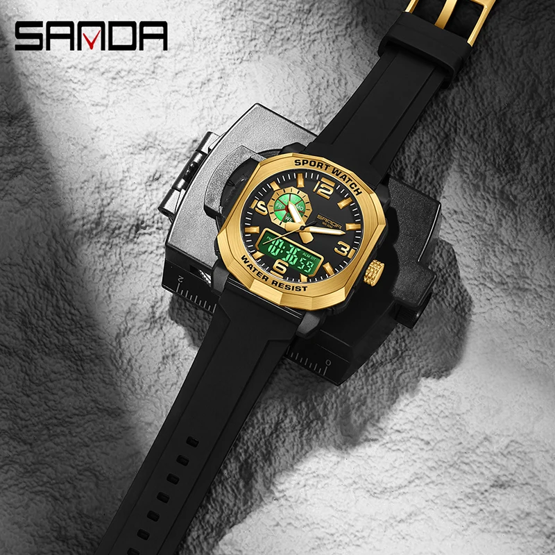 SANDA 3370 Men\'s Electronic Watch Multifunctional Fashion Trends Outdoors Dual Display Silicone Strap Wristwatch for Teenagers