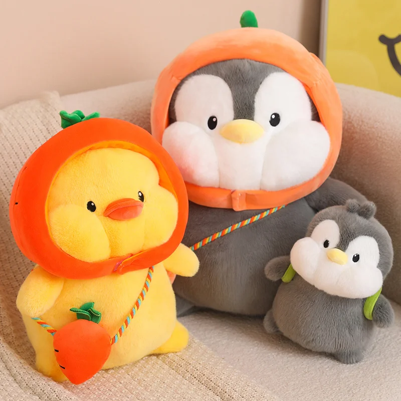 High Quality Creative Cartoon Fruit Cosplay Penguin Duck Plush Doll Carrot Pumpkin Turtle Yellow Duck Plush Toy Gift For Girls