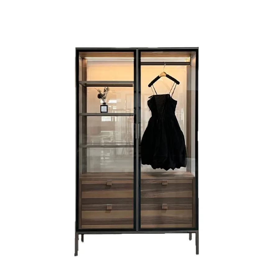 Bedroom floor new coat glass cabinet multi-layer removable coat rack wrought iron shoe cabinet door