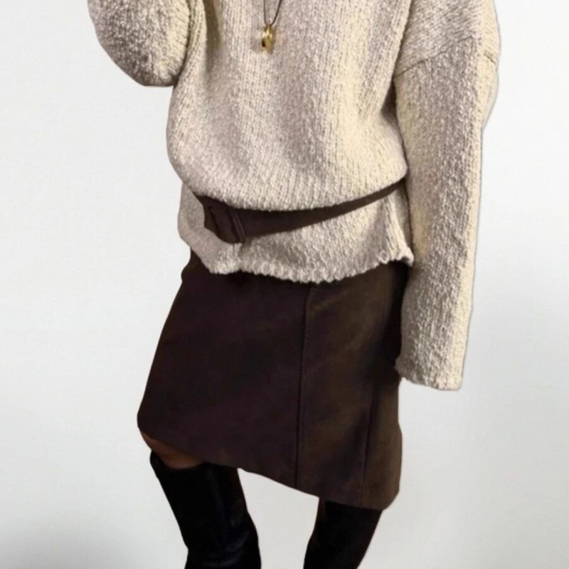 Deeptown Vintage Short Skirt Women Elegant Brown Harajuku Office Lady Wrap Skirt Y2k Sexy Retro Autumn Winter A-line Mini Skirts