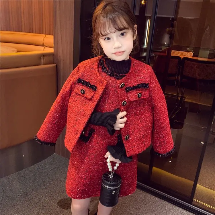 Autumn Winter Christmas baby Girls dress Set Fashion Child New Year's red Clothing Suit Coat+Dress Two Piece Little kids outfits