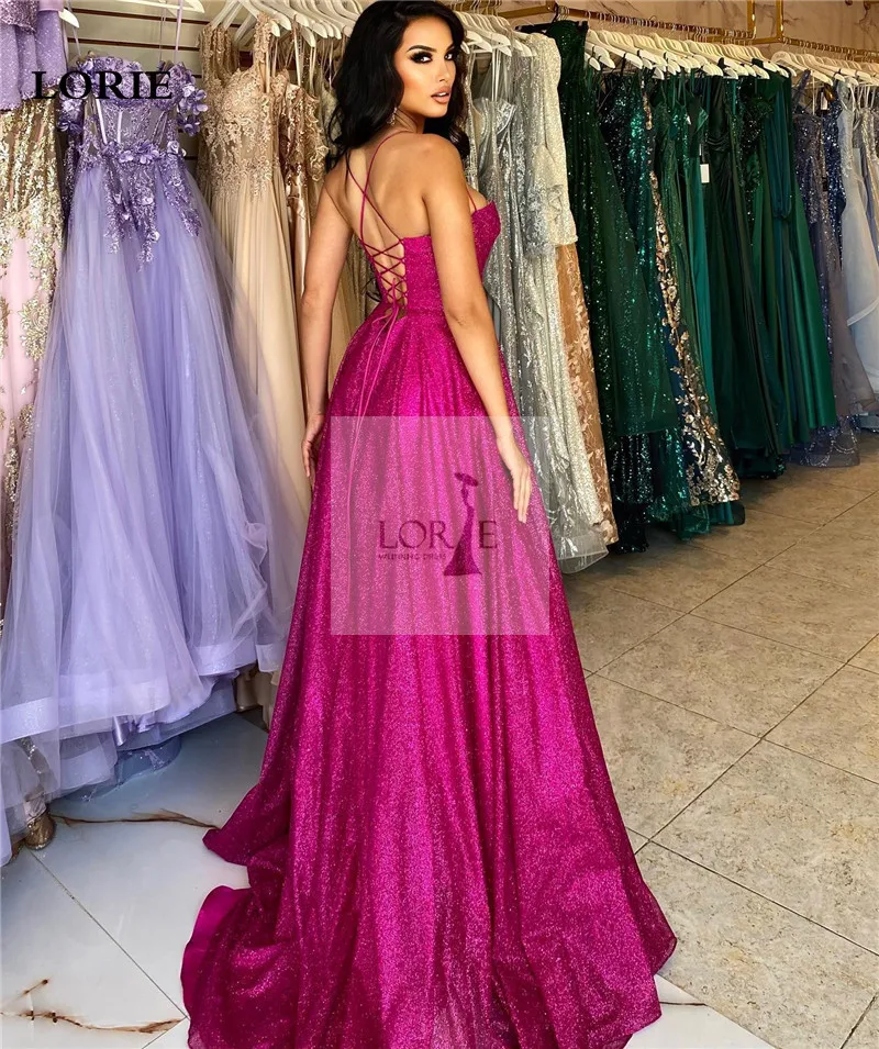 LORIE สีชมพูร้อนสปาเก็ตตี้ Mermaid Evening Dresses SHINY Glitter ด้านข้างแยกที่กําหนดเองพรหม Gowns Corset Evening Party Dress