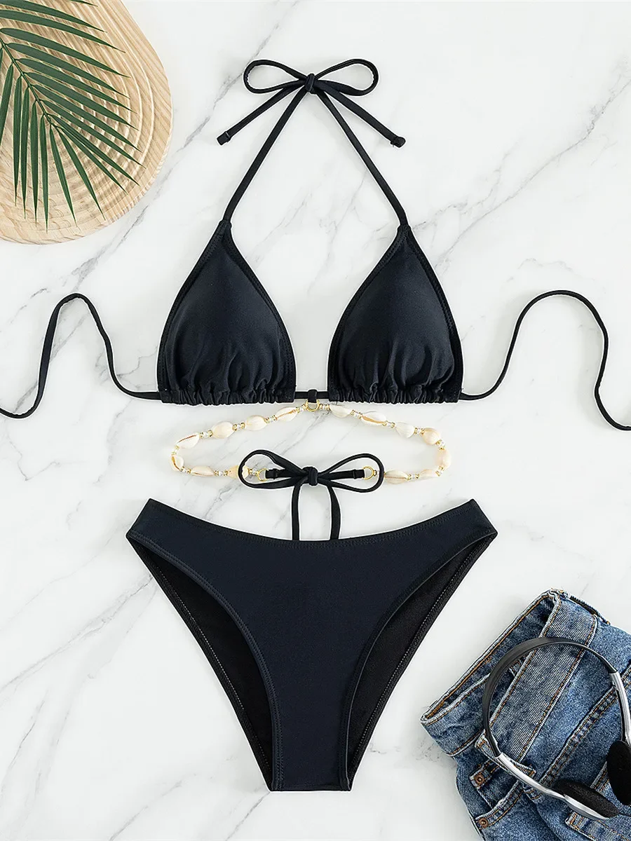 Sexy High Waist Bikini Set Decorated with Seashell Swimsuit Women Black White Criss Cross Push Up Bathing Suit Swimwear 2024