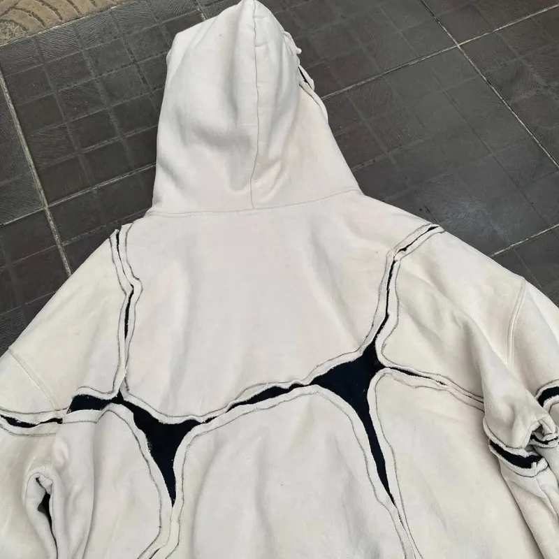 2026 New American High Street Punk Gothic Line Splicing Hoodie for Men Y2K Oversized Loose Hooded Sweatshirt Japan Streetwear