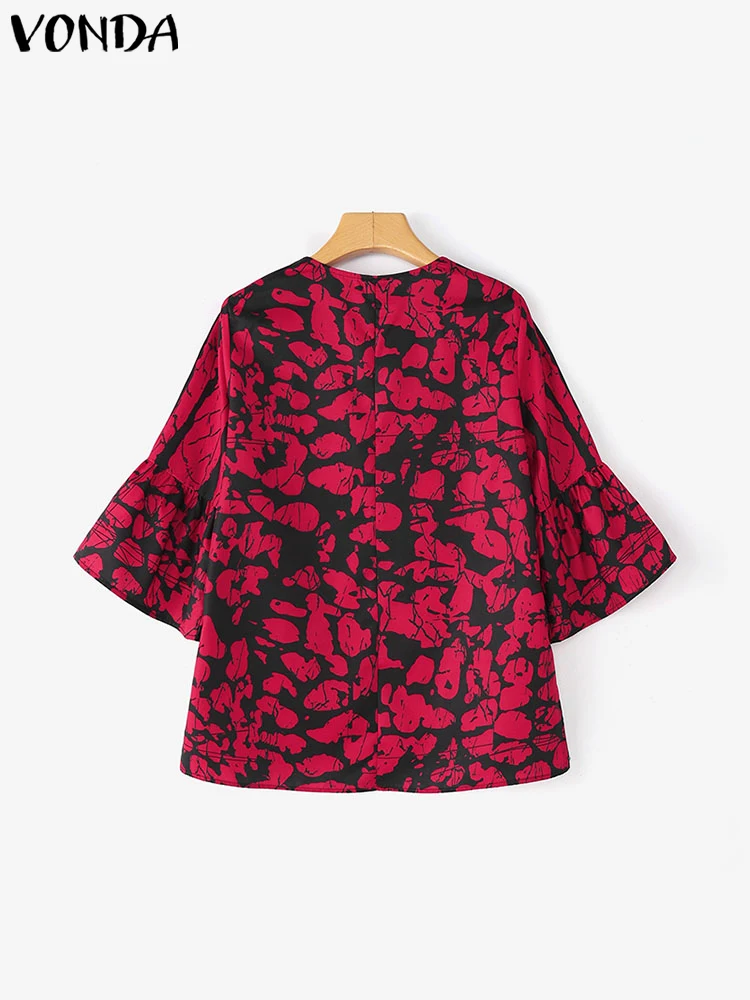 2025 VONDAผู้หญิงฤดูร้อนเสื้อลําลอง 3/4 Flare Sleeve Vintageพิมพ์เสื้อแฟชั่นVคอBohemian TopsหลวมBlusasขนาดใหญ่