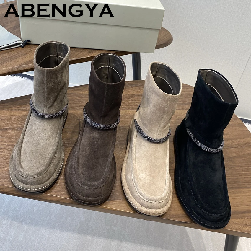 2025 Autumn Suede Leather Ankle Boots For Women Round Toe String Bead Chelsea Boots Casual Comfort Flat Sole Short Boots Female
