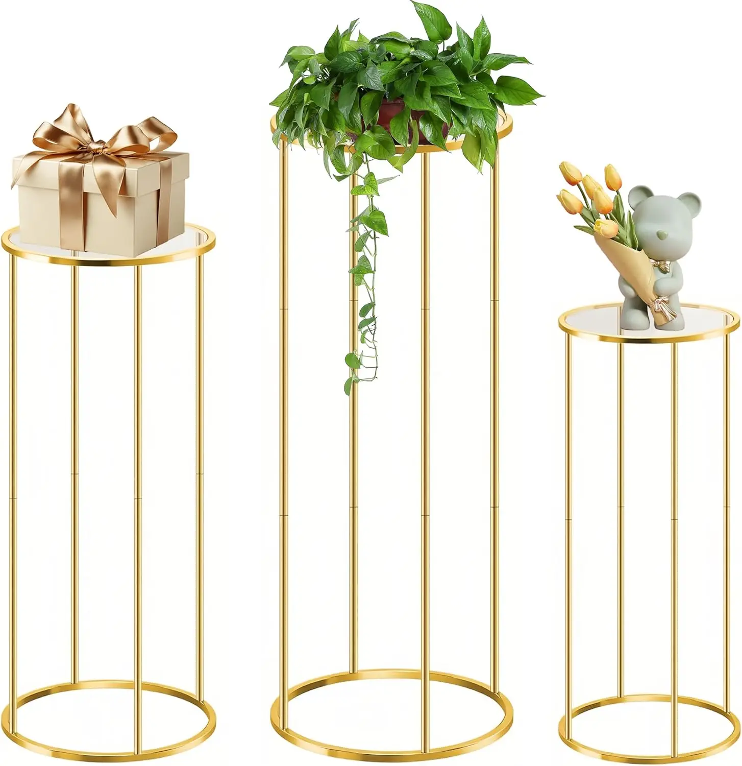 

3-Piece Gold Metal Cylinder Stand Set for Party Decor, Plant Display, Cake Pedestal - Elegant Wedding Birthday Backdrop