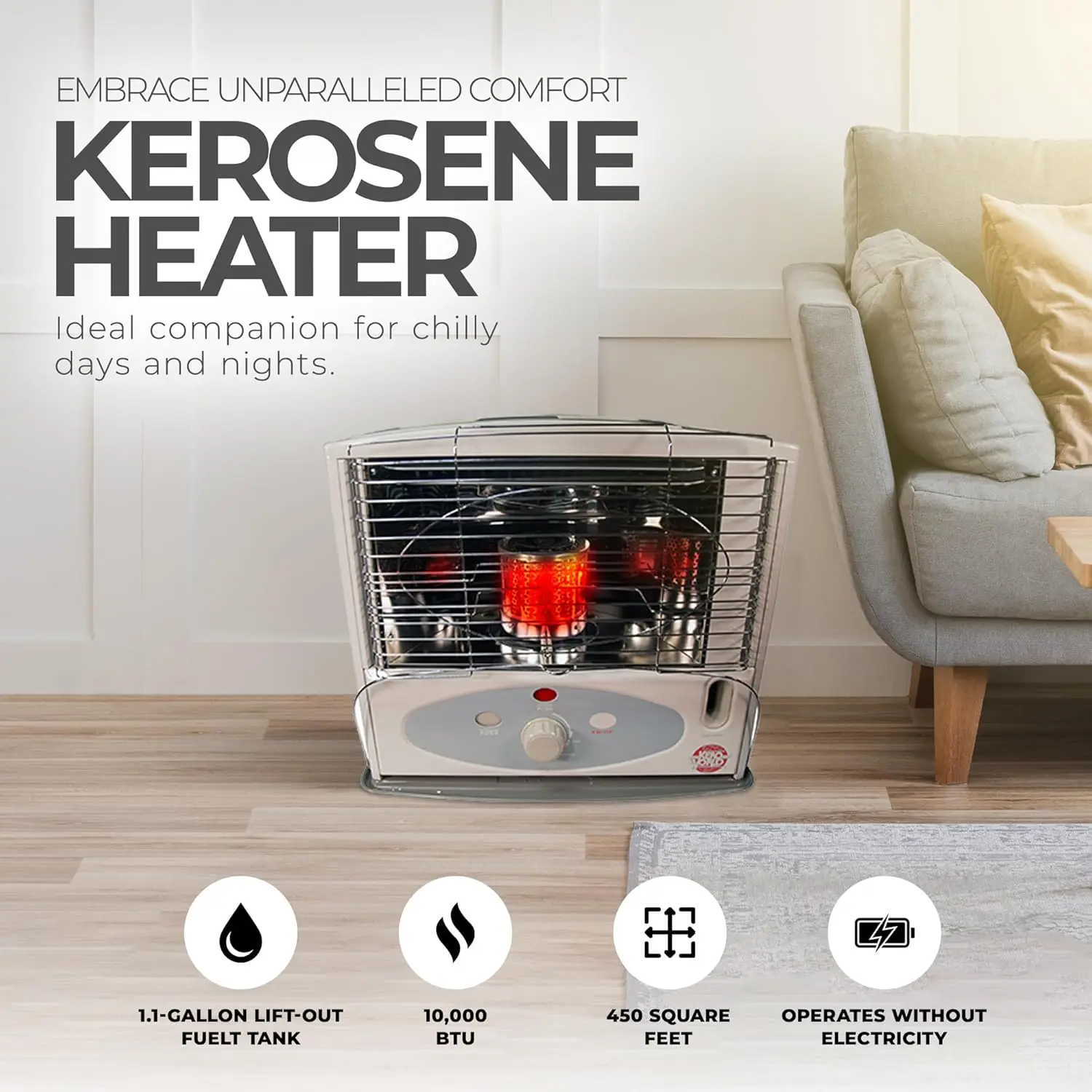 10,000 BTU Kerosene Wick Heater with Glass Burner System, Sure-Seat Chimney System, and Removable 1.1 Gallon Fuel Tan