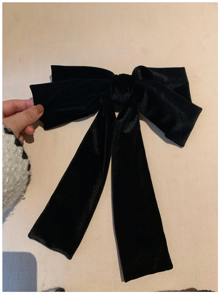 Vintage Black Big Large Velvet Bow Hair Clip For Women Girls Wedding Long Ribbon Korean Hairpins Barrette Hair Accessories