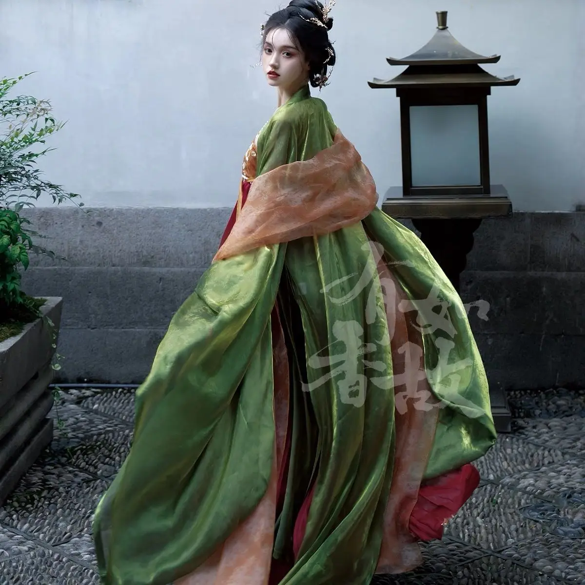 Hanfu Tang-Jupe de printemps et d'été de style traditionnel chinois, chemise à manches longues, rouge et vert, de haute qualité