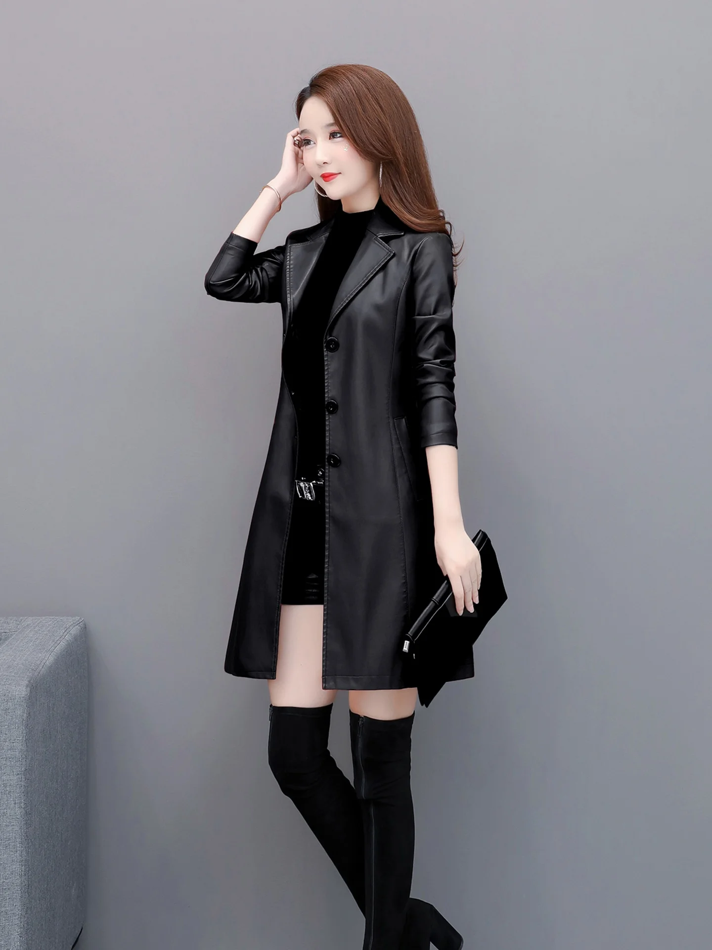 

Ning Genuine Leather Coat Women's Mid-Length Sli Spring Autumn New Slimming eepskin Jaet Commute Sle