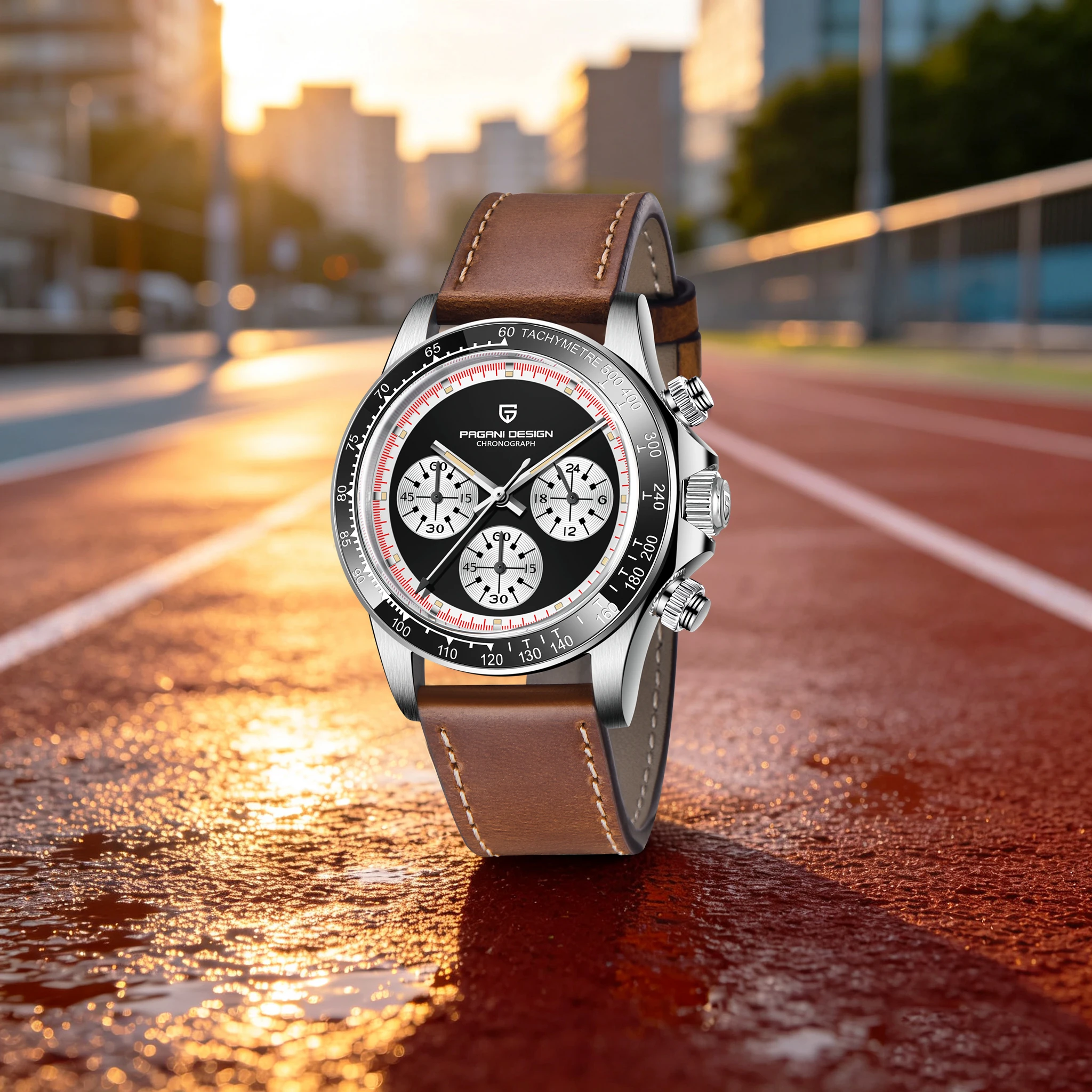 PAGANI DESIGN Vintage Racing Men Quartz Watch Panda Dial Leather Luminous Waterproof Tachymeter Dress Chronograph For Gentlemen view 2