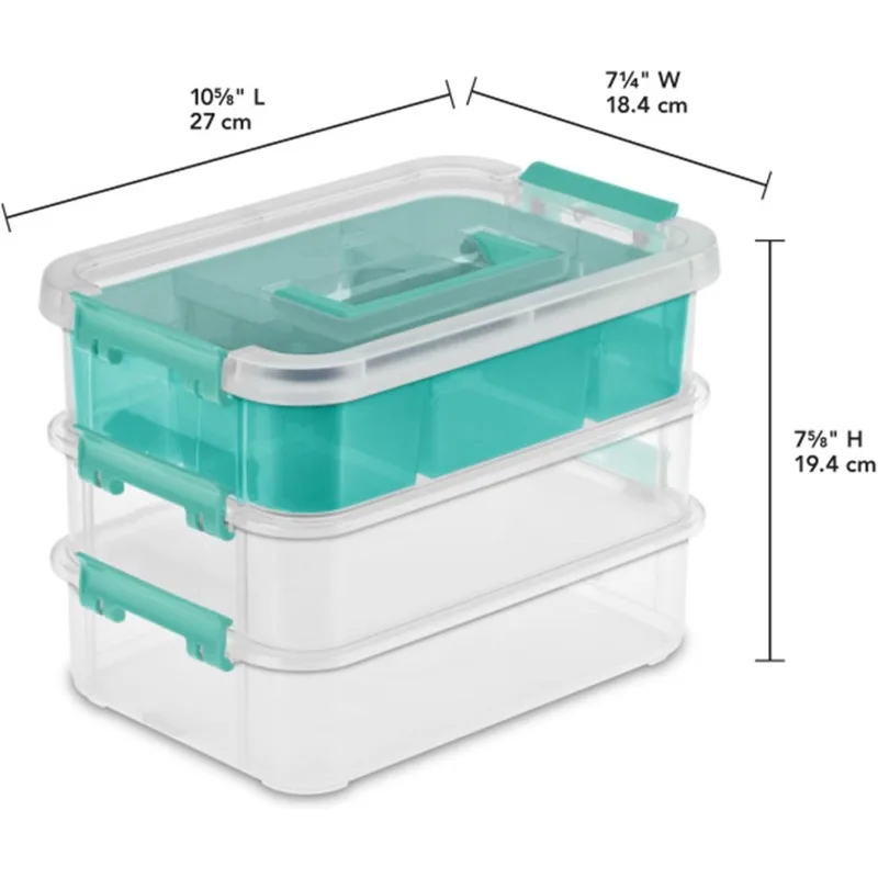 Stack and Carry 3 Layer Handle Box and Tray, Plastic Small Storage Container with Latch Lid, Organize Crafts