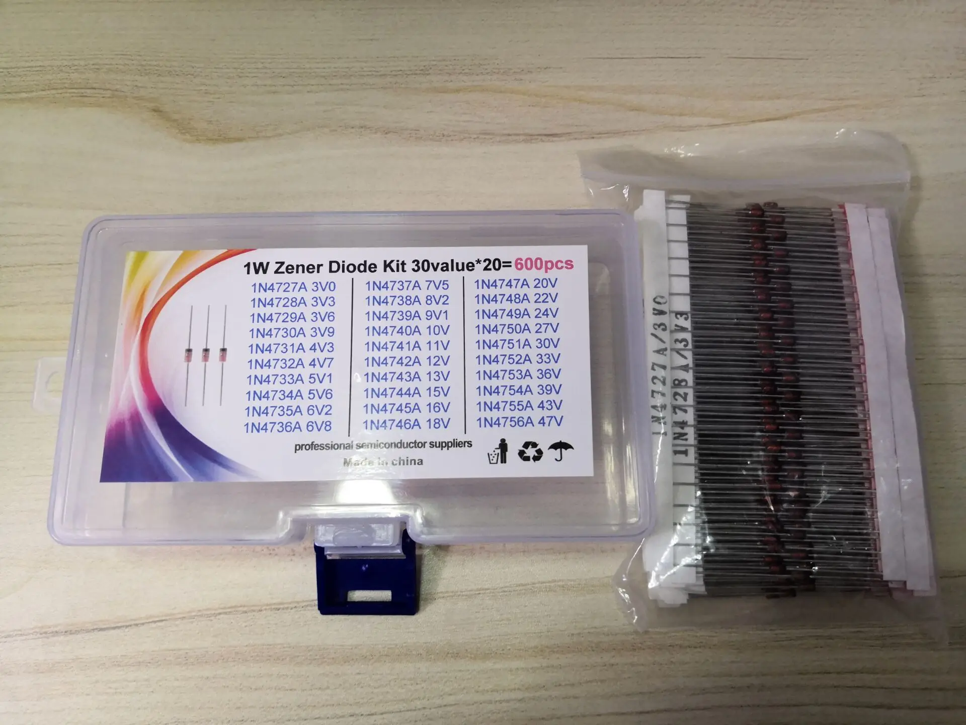 30kinds*20pc=600pcs 3v To 47v Assorted 4V3/4V7/5V1/5V6/6V2/3V6/3V9/6V8/7V5/8V2/9V1/10V/11V/12V/13V/15V/47V 1W Zener Diode Kit 
