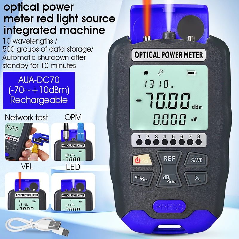 

COMPTYCO AUA-DC70 Перезаряжаемый мини-измеритель оптической мощности (-70~+10 OPM) с визуальным локатором неисправностей (1~50 мВт VFL) — универсальный тестер оптоволокна