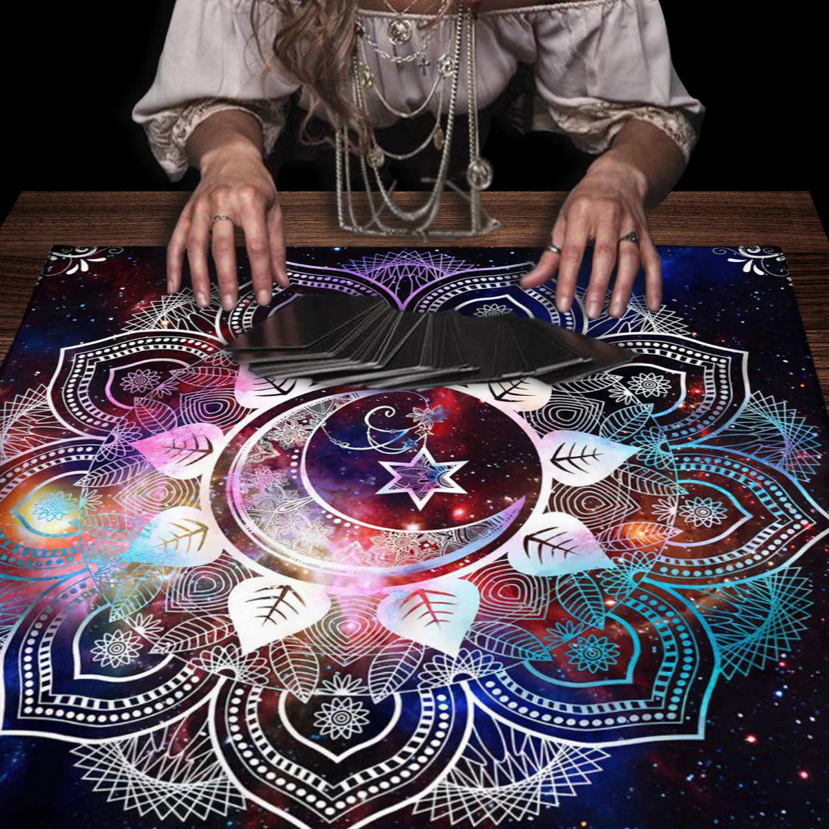 Mandala Tarot Reading Cloth, Starry Sky and Moon Phase Elements, Witch Witchcraft Ceremony Decoration Cloth