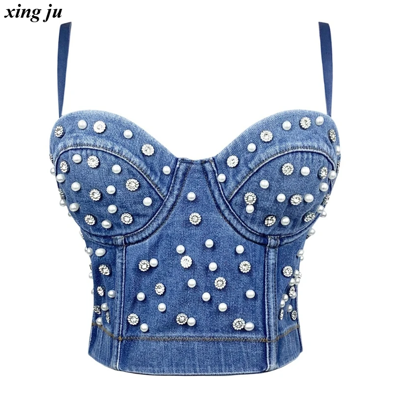 

Xing Ju Party Hip Hop Fishbone Backless Denim Vest Women Jazz Dance Costume DJ Sexy Diamond White Beads Tops Singer Stage Wear