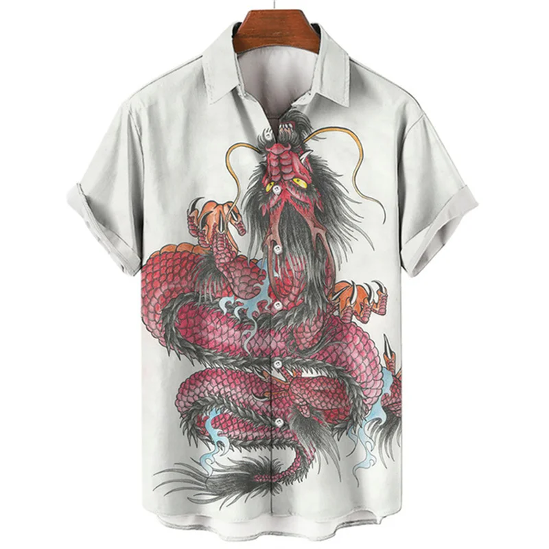 Summer Men\'s Dragon Pattern Element Shirt Social Casual Vintage Hawaiian Shirt 2023 New Oversize Short Sleeve Street Clothing