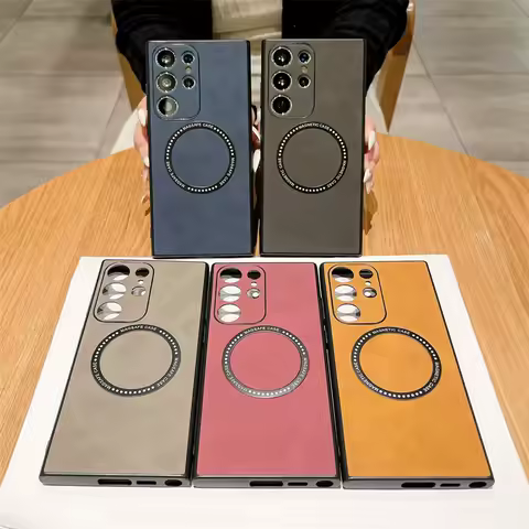 For Samsung Galaxy S25 S24 S23 S22 S21FE S20 Note 20 Ultra 10Plus Wireless Charging Magnetic Case Pu Leather Trim Soft TPU Cover