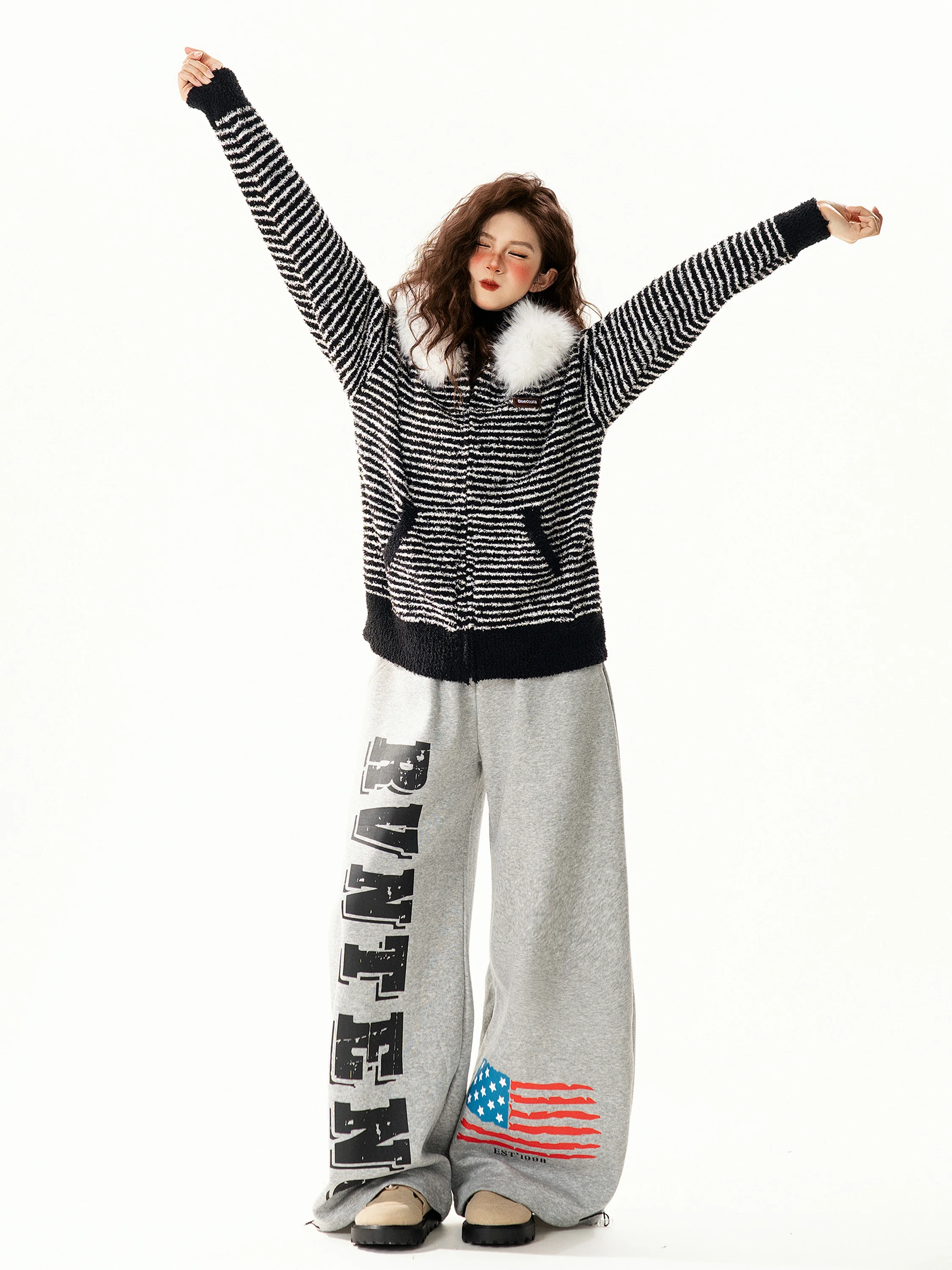 

Ретро-кардиган в полоску с капюшоном, женский свободный вязаный свитер на молнии, осенне-зимний, с длинными рукавами, для повседневной носки