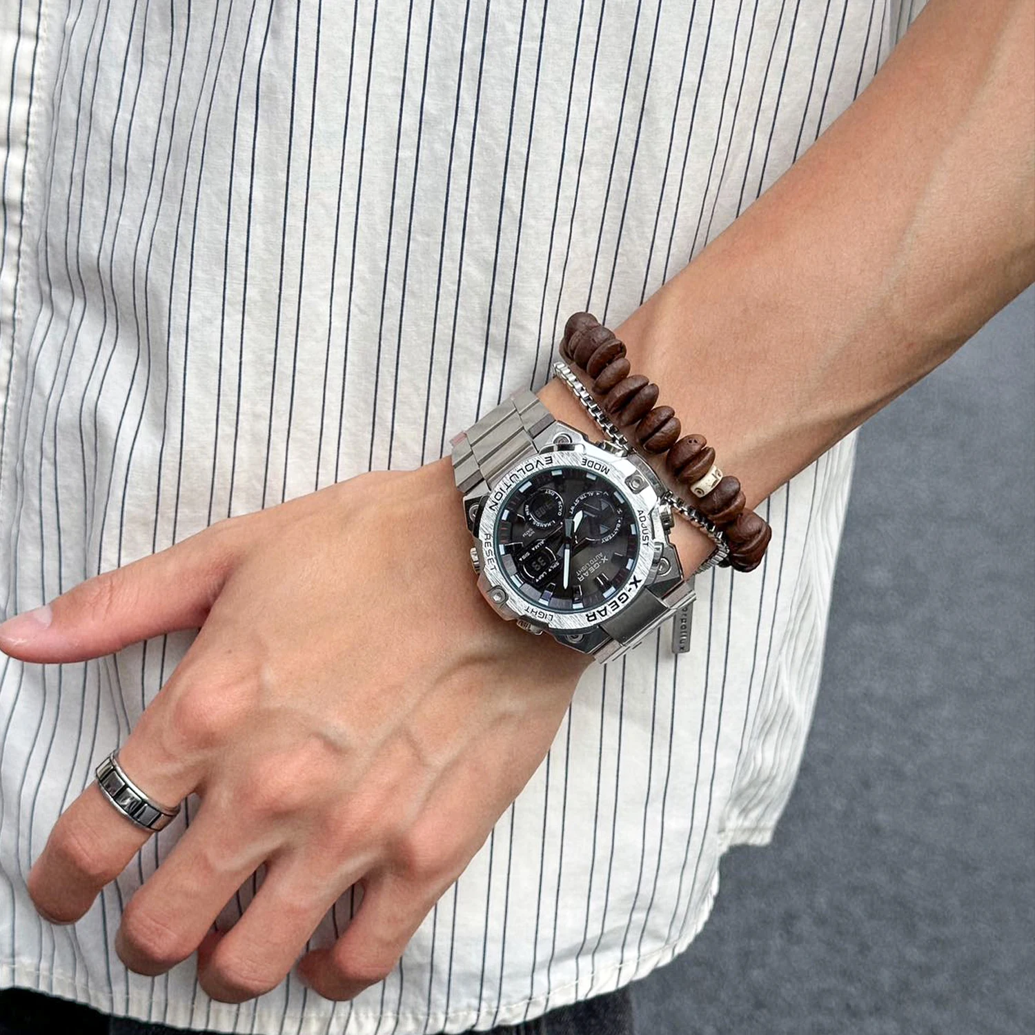 メンズソーラーエネルギー腕時計、耐久性ライト、キネティックエネルギー、タイマー、目覚まし時計、回転式風車、ステンレススチール製腕時計ストラップ