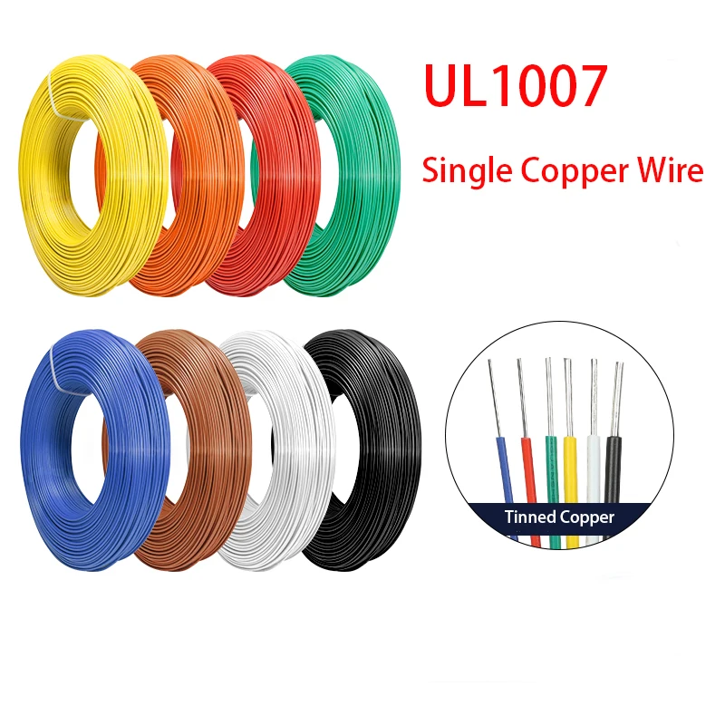 5/10/20M UL1007 Single Core Copper Wire 26 24 22 20 18AWG Polyvinyl Chloride Environmentally Friendly PVC Signal Connection Wire