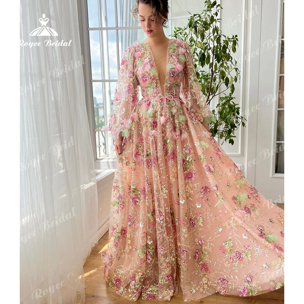 

Colorful Floral Sequin Tulle Prom Dress Deep V Neck Evening Dress Puff Sleeve A‑Line Women's formal evening gowns Customized