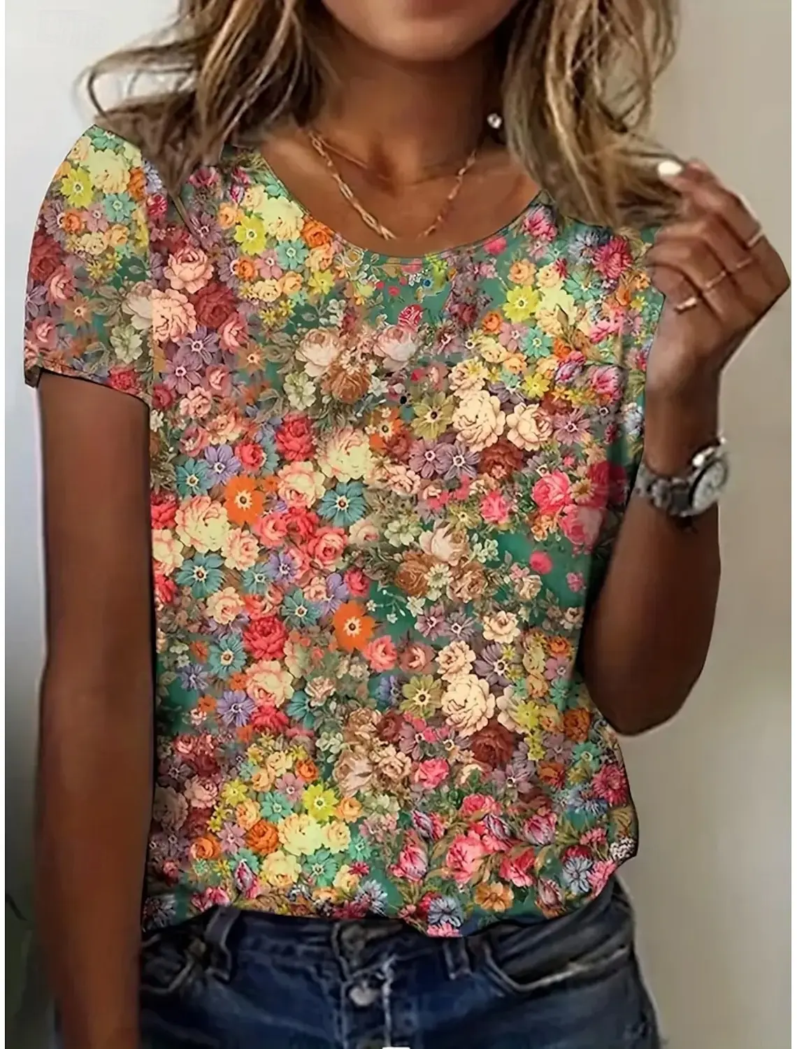 Summer Fashion Women's T-Shirt Beautiful Flowers Stylish 3D Printed Casual Short Sleeved Crew Neck Tees Regular Tops