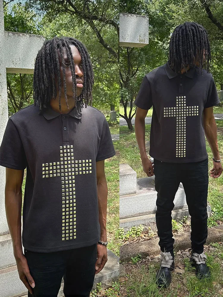 

2025 Summer Men's Button Stand-up Collar Monochrome Cross Hot Drill Pattern Top Fashion Street Slim T-Shirt Y2k Clothing