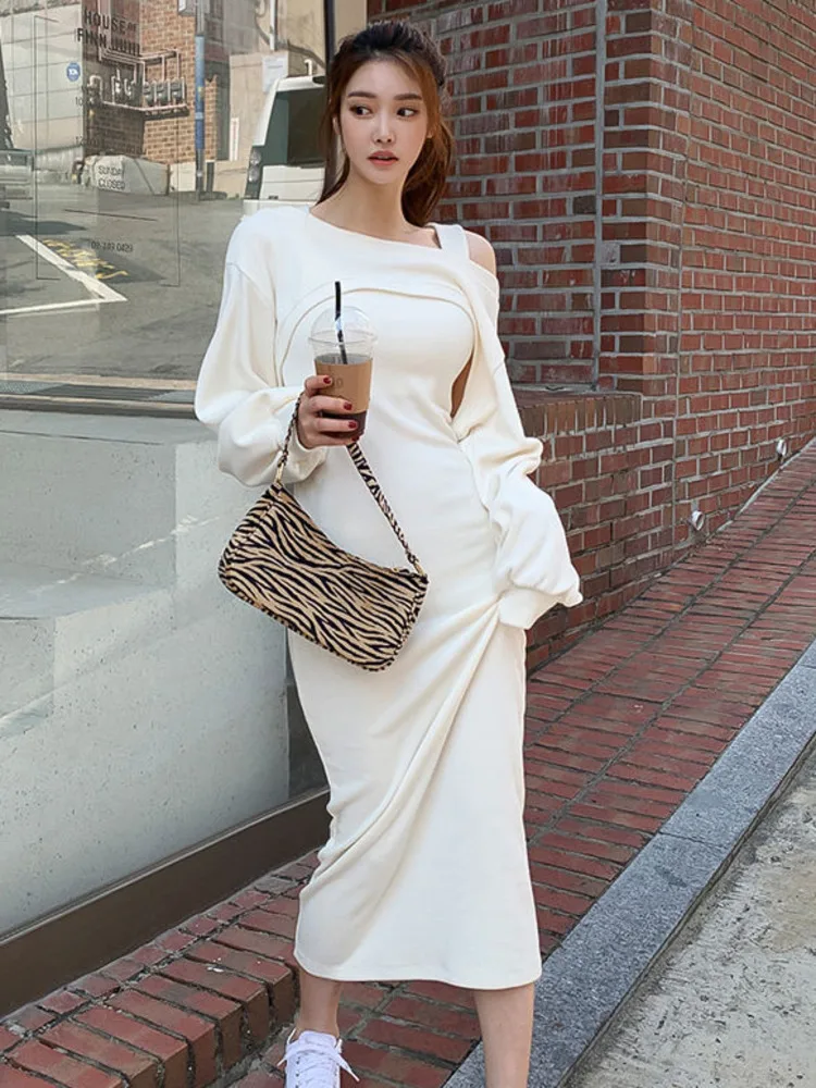 Autumn Winter 2022 New Elegant Two Piece Sets Women Outfits Korean Fashion Casual Loose Pullover Top + Slim Long Dress Suits