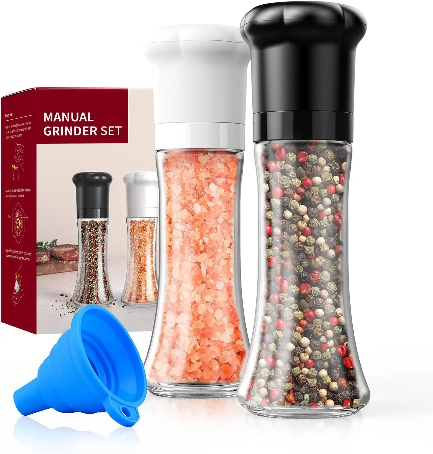 

Набор ручных мельниц для соли и перца с керамическими лезвиями, регулируемой степенью помола, стеклянным контейнером объемом 180 мл