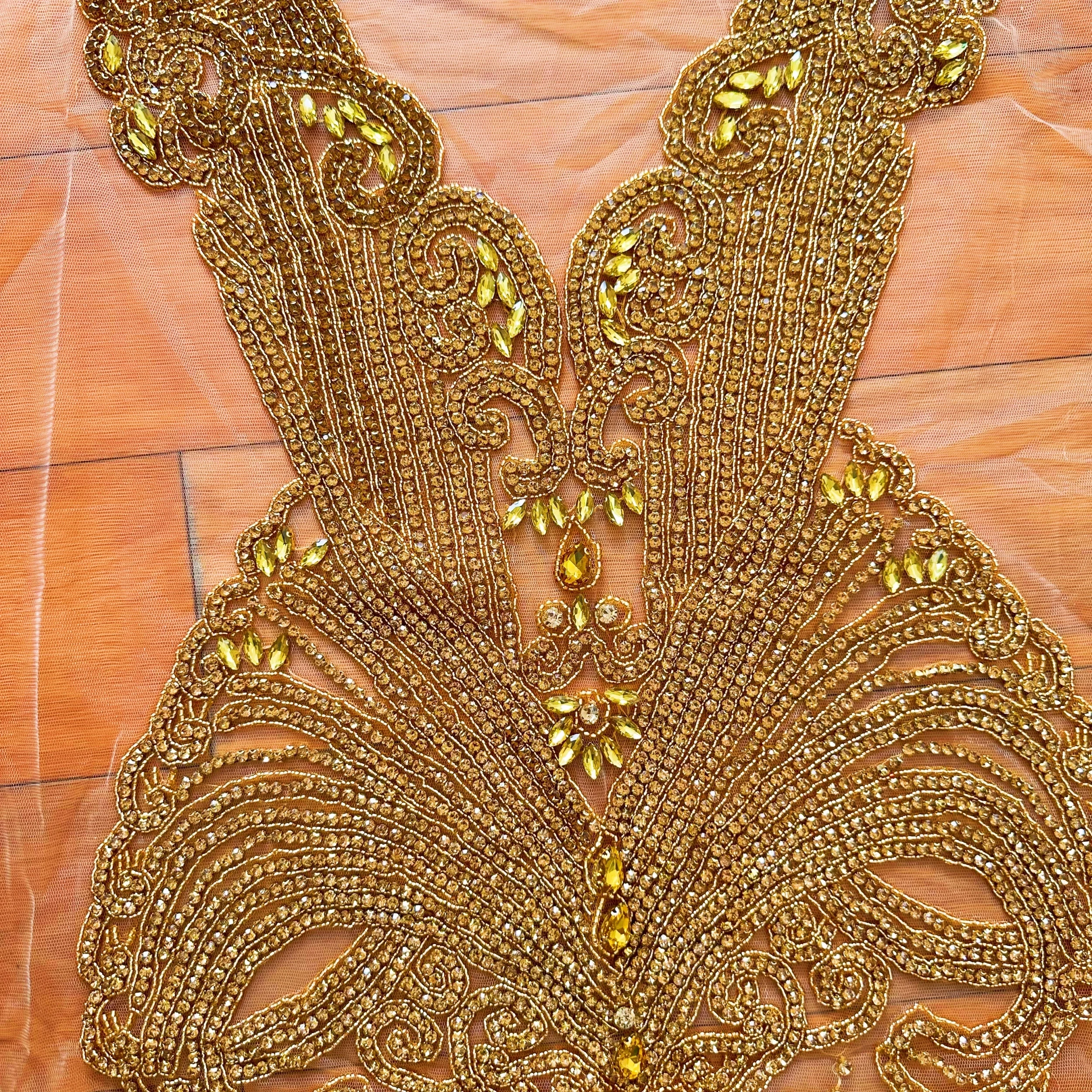 (1 unidad) parche con apliques de corpiño de diamantes de imitación dorados cosido a mano de cuerpo completo para vestido de fiesta de boda WDD1355