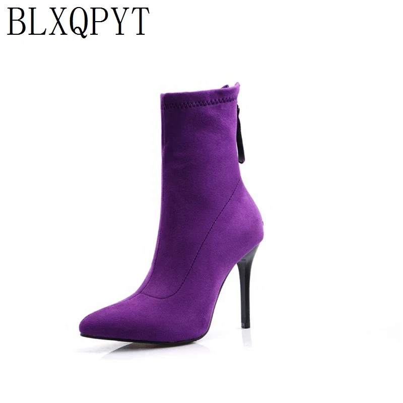 

BLXQPYT Winter Autumn Women Boots 2019 Stretch Fabric Pointed Toe Ankle Boots High Heels10cm Sexy Pumps Party Wedding Shoes 8749