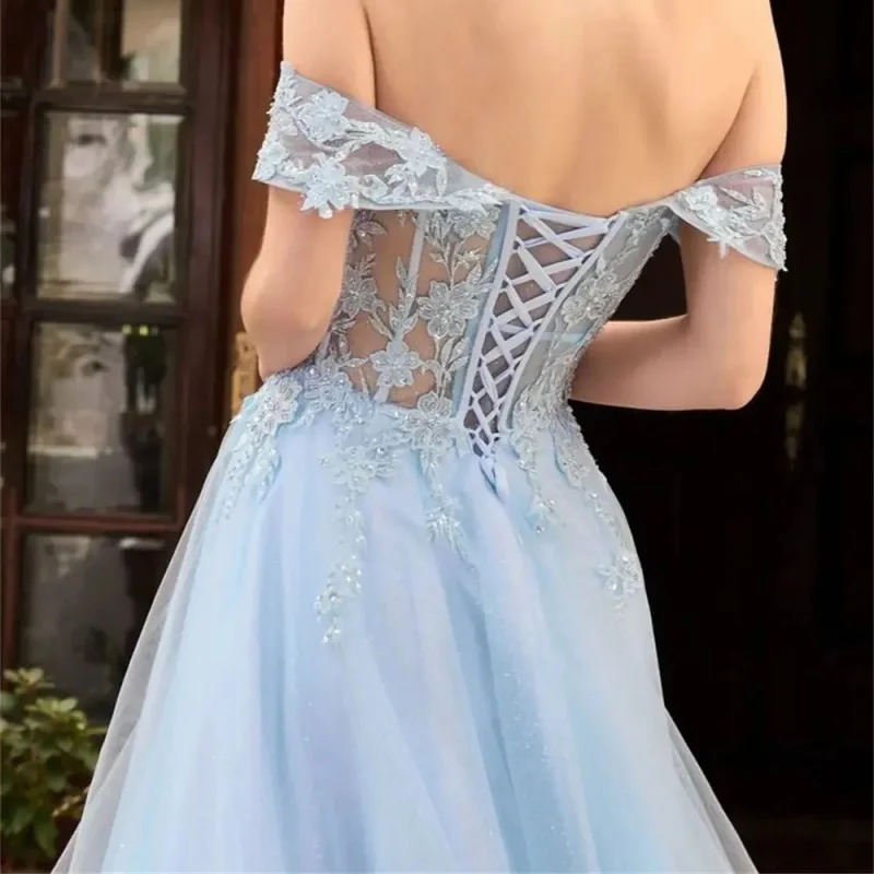 Women's Elegant Off-the-Shoulder Evening Gown A-Line floor-length Cocktail Dress Heart-shaped collar applique Ball dress