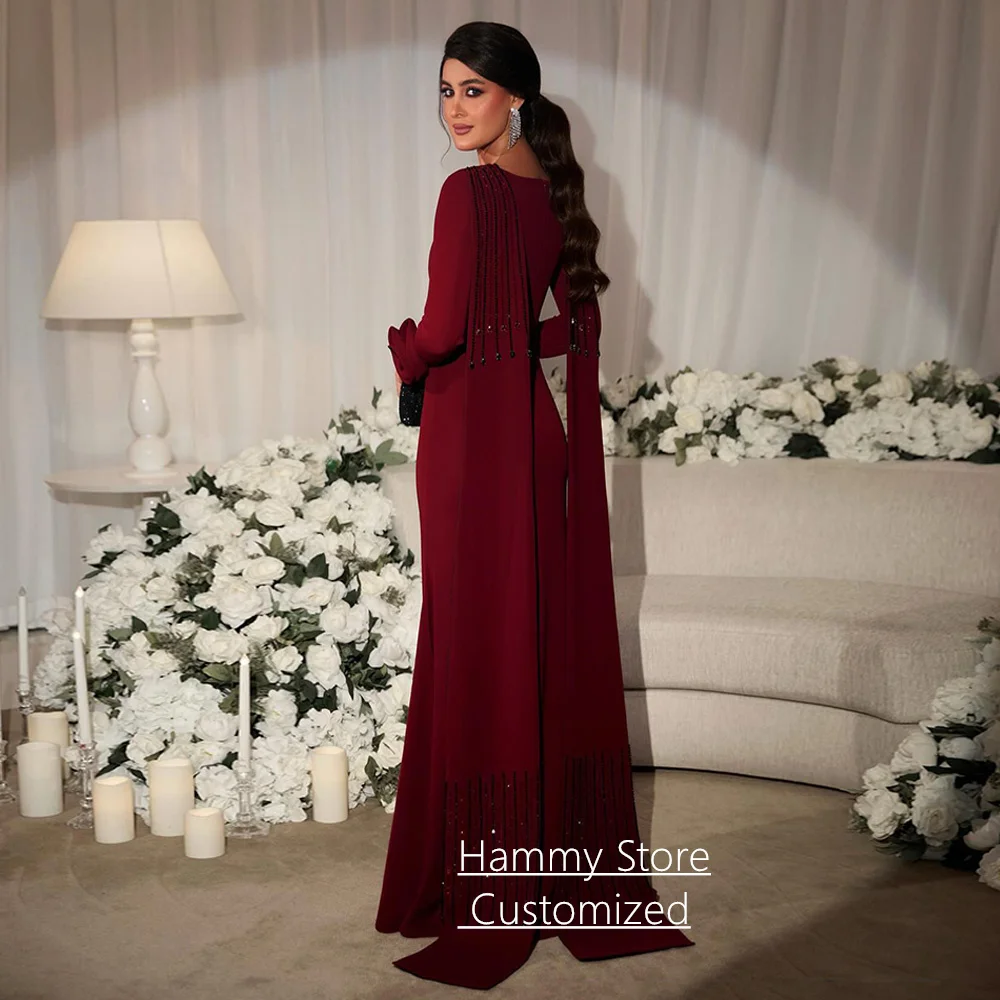 Customized Prom Dress Elegant Round Neck Long Sleeves Flowers Heavy Beading Stones Side Slit Arabian Evening Party Gown