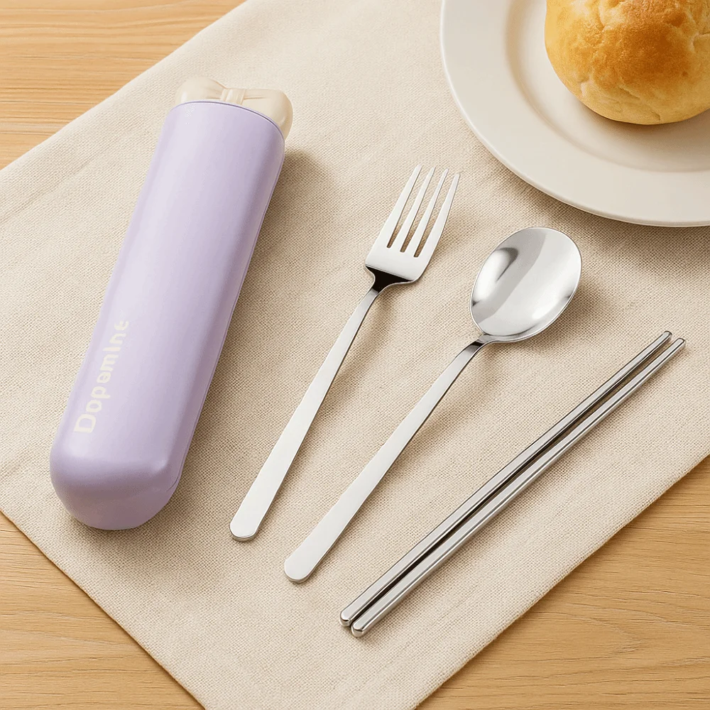 

Magnetic Design Dopamine Travel Cutlery Set Built-in Silent Slot with A Bow Student Flatware Set With Storage Box