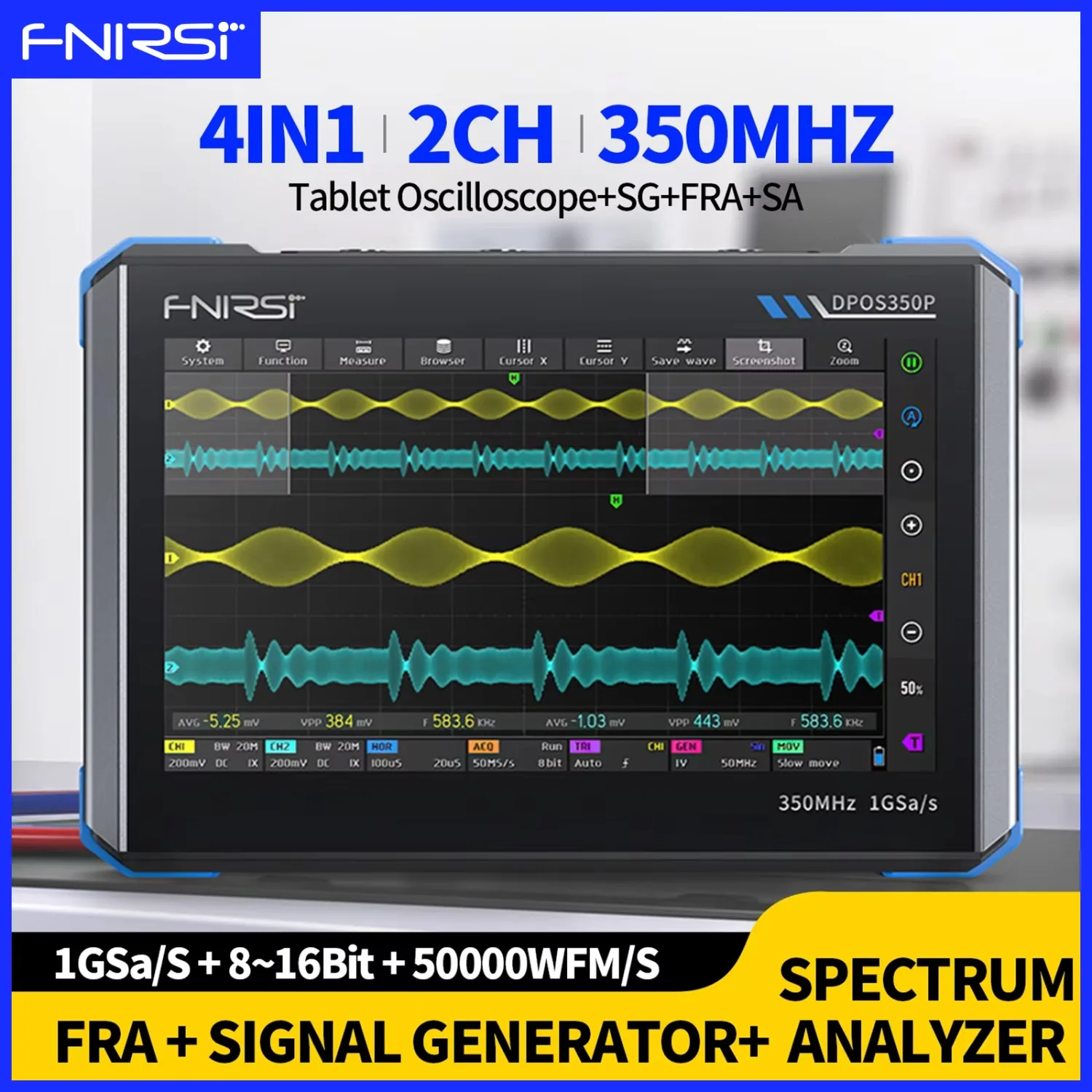 FNIRSI DPOS350P 4 in 1 Tablet Oscilloscope 2CH 350MHz 1GSa/s 50MHz Signal Generator FFT & FRA Portable Electronic Repair Tools