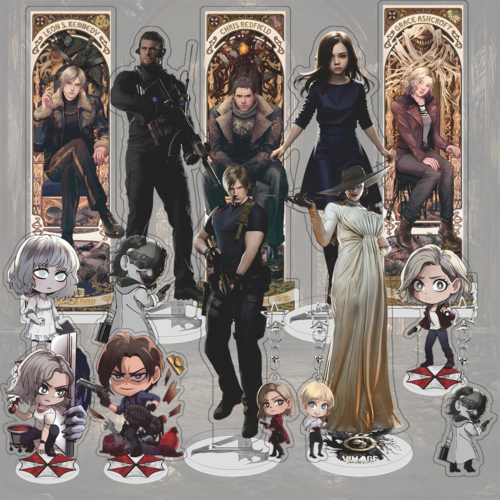 Resident Evil Village Leon Chris Grace Acryl-Standfigur & Chibi-Acryl-Schlüsselanhänger Schreibtischdekoration Sammlerstück Schlüsselanhänger