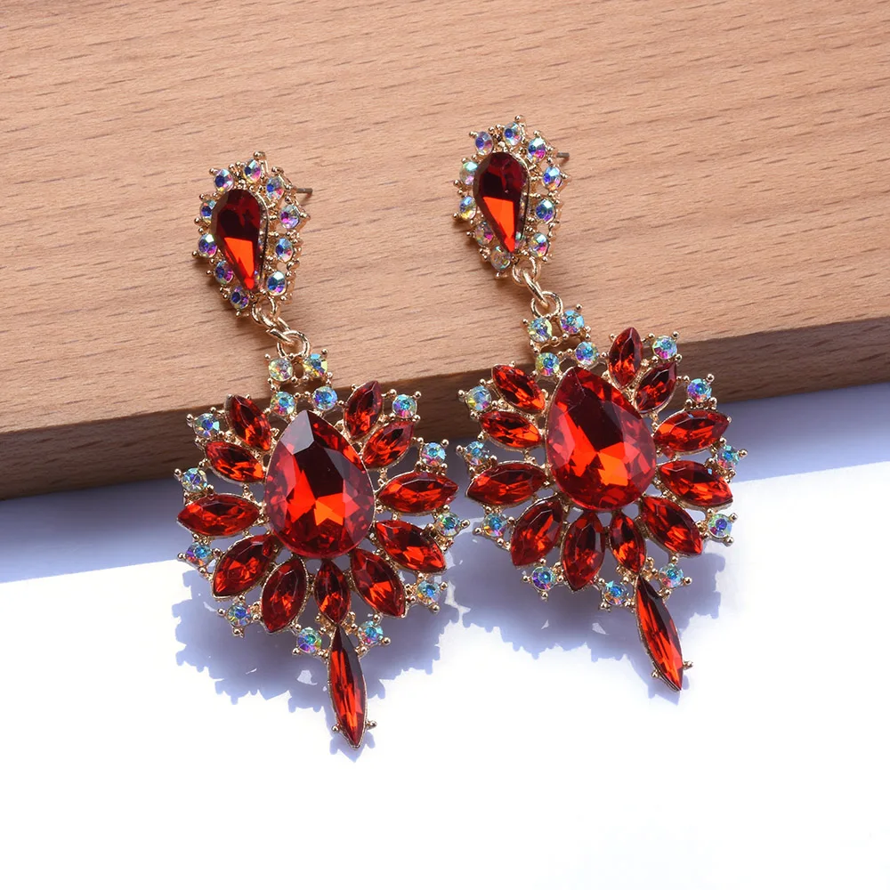 2025 New Green Red Blue Crystal Rhinestones Wedding Big Dangle Earrings Women Jewelry Indian Statement Earrings Girls