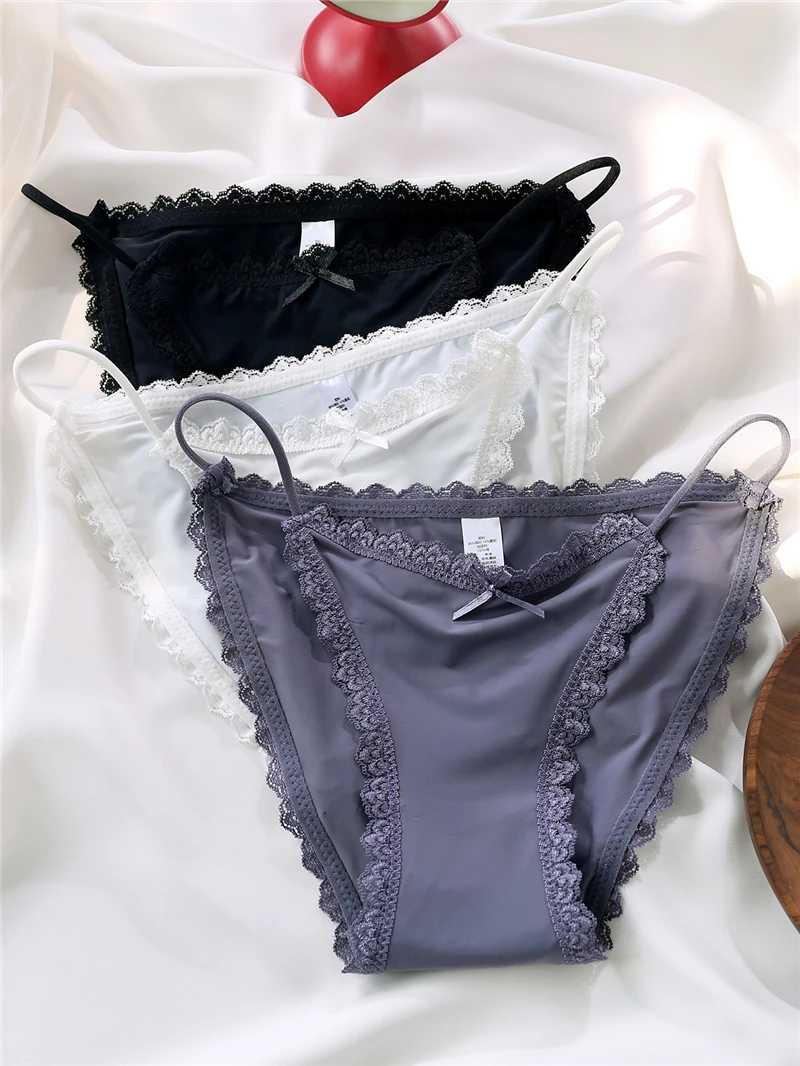 Ice Silk Women's Panties Lace Low Waist Sexy Thong Underwear Summer Solid Color Briefs Bikini G-String Ladies Lingerie