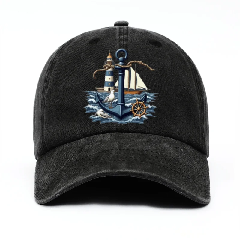 Nautical Anchor Lighthouse Sailor Print Baseball Cap Casual Cotton Adjustable Strap Hat