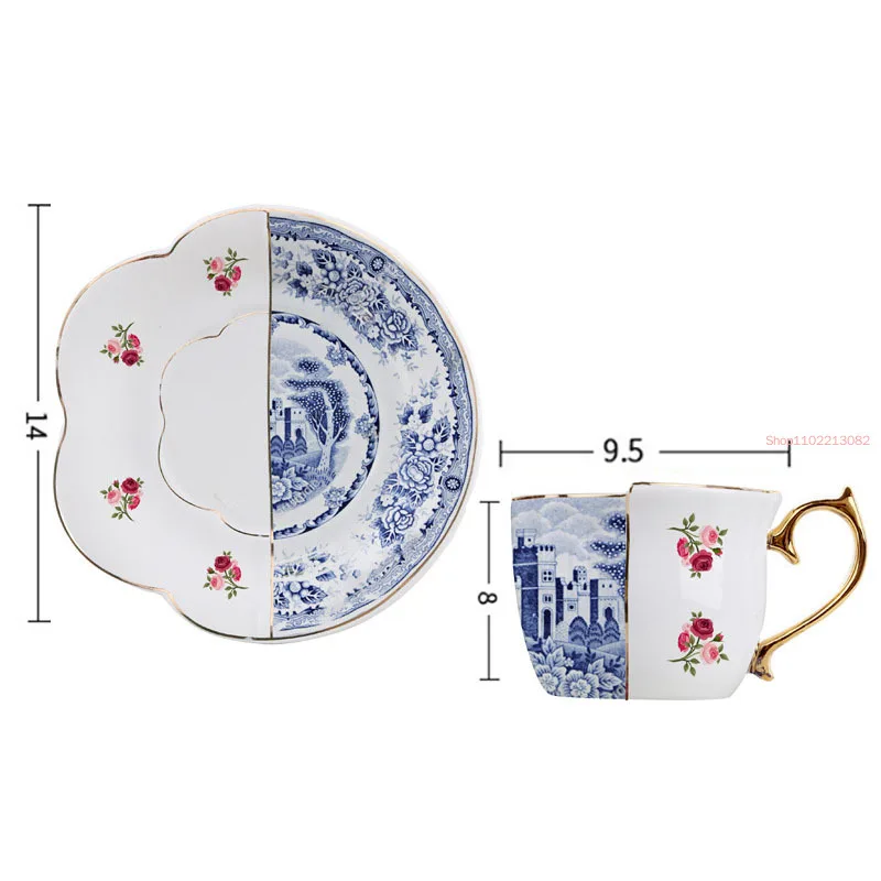 Retro Ceramic Mug Creative Blue and White Rose Pattern Coffee Cup Light Luxury Golden Stroke Irregular Milk Cups Home Decoration