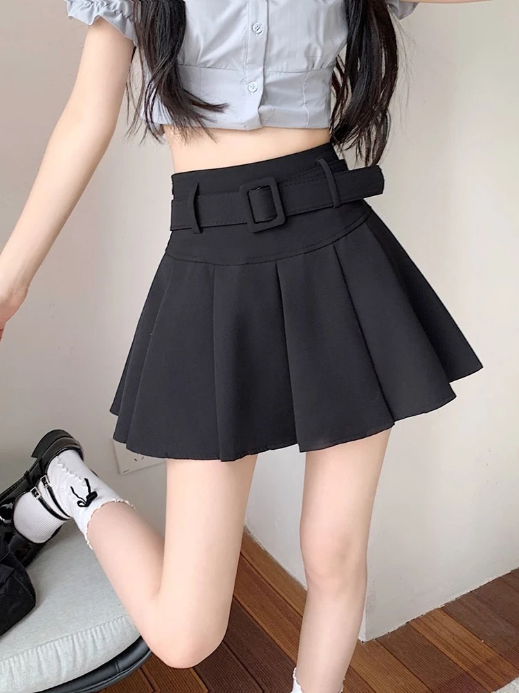 Zoki Japan Sweet Belt White Pleated Skirt Women Sexy High Waist